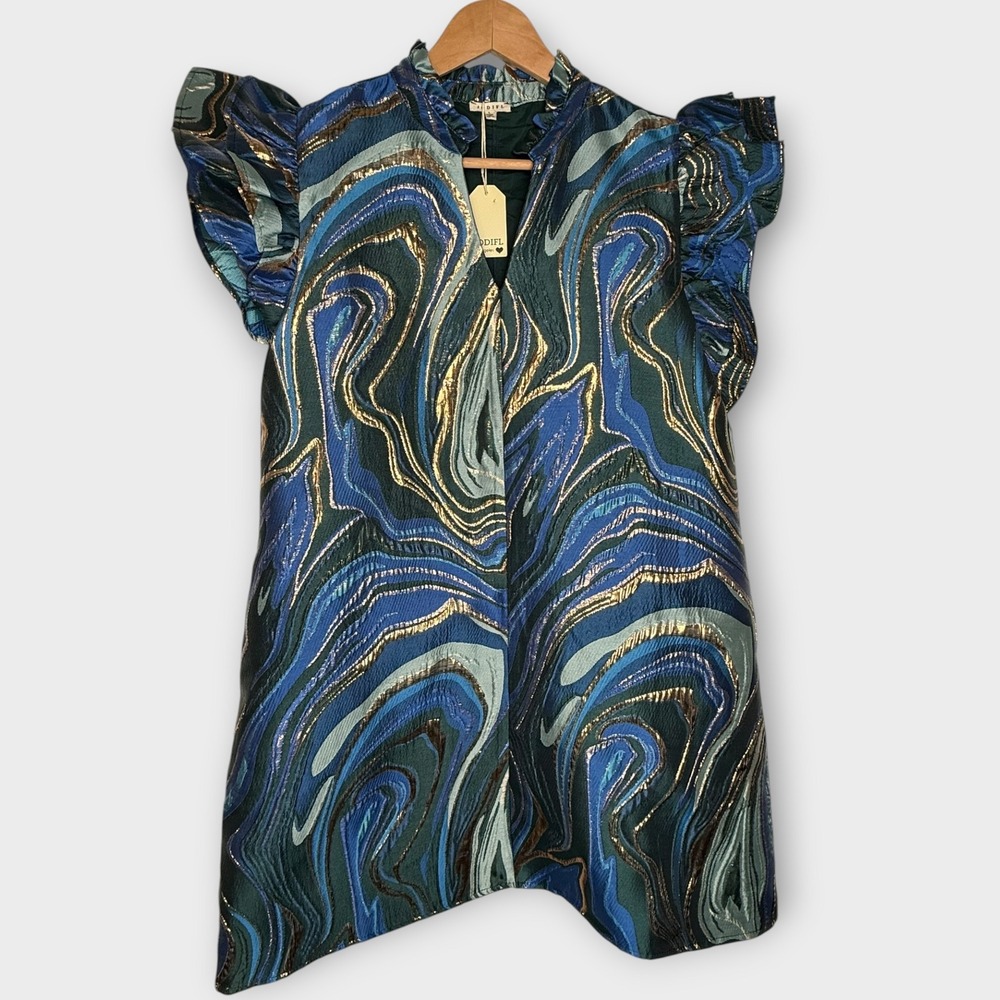 NWT Jodifl Abstract Jacquard Dress Ruffle Flutter Sleeves Metallic Gold Large